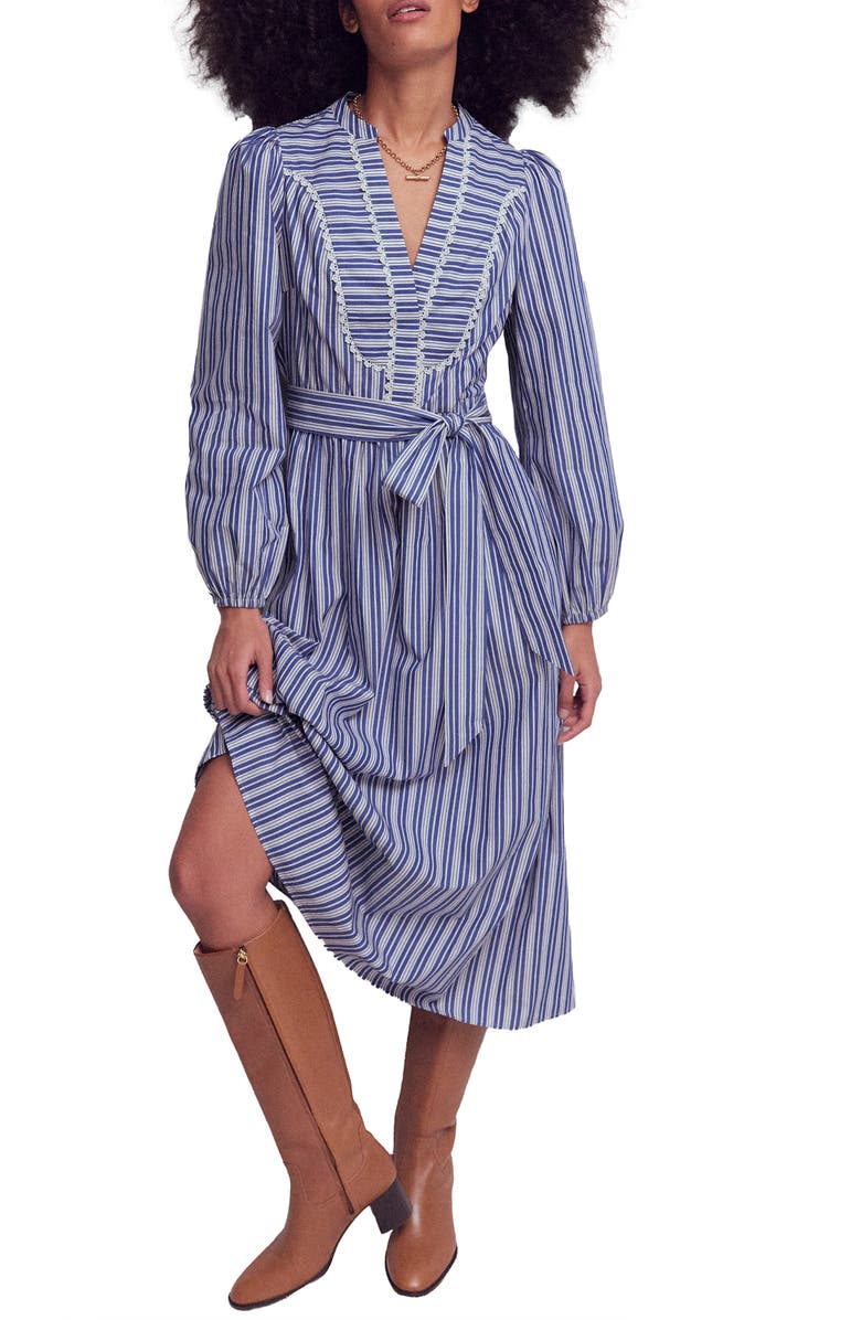 Boden Lace Trim Stripe Long Sleeve Cotton Dress, Main, color, Surf The Web Stripe