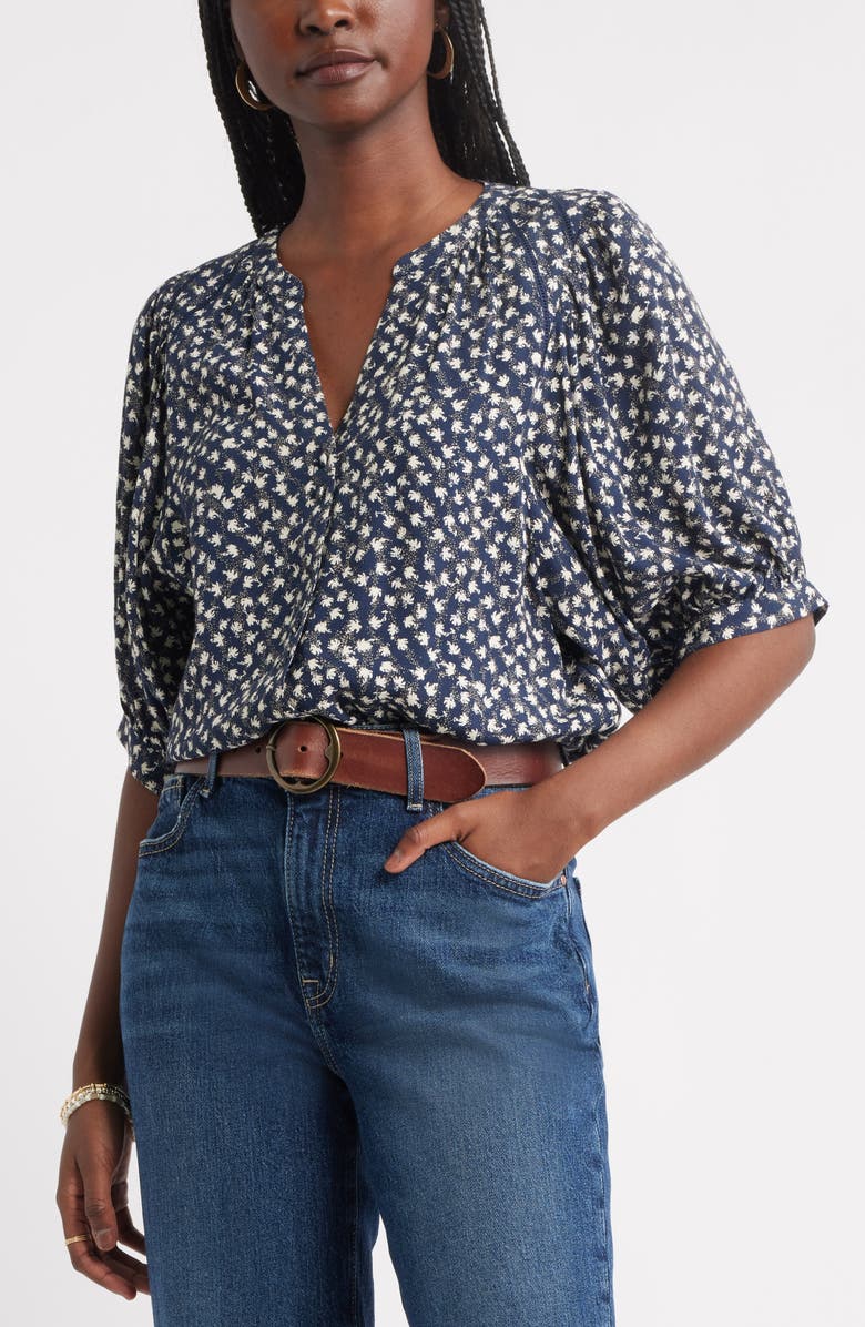 Treasure & Bond Raglan Sleeve Button-Up Shirt, Main, color, Navy- Grey Ditsy Trail