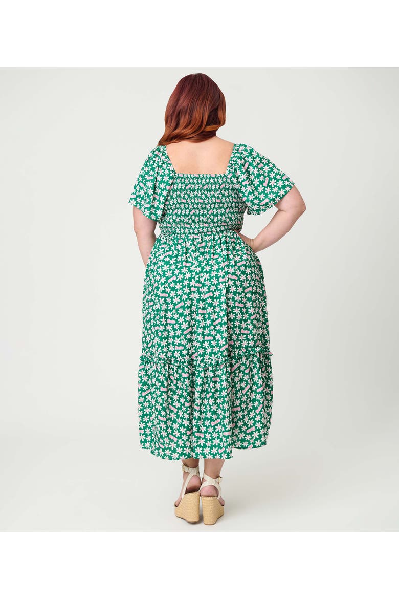 Plus Size Smocked Bodice Midi Dress, Alternate, color, Green Ditsy Floral