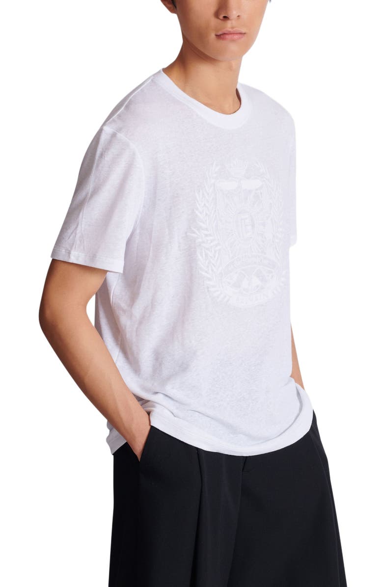 Balmain Écusson Embroidered Linen T-Shirt, Alternate, color, White