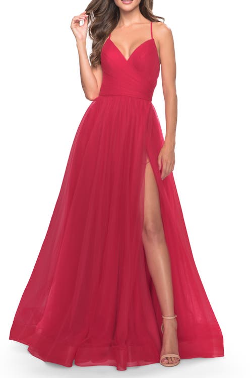 La Femme Long Tulle A-line Gown With Side Slit And Pockets In Red