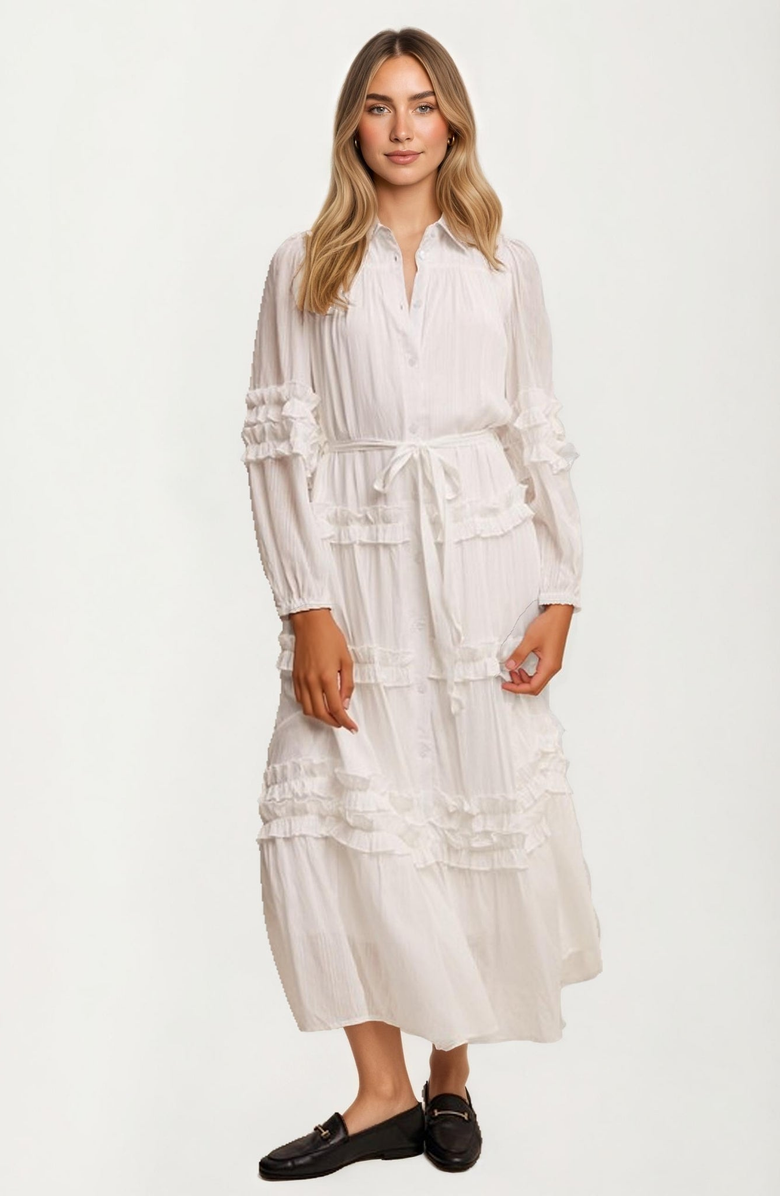 Knit and Lounge Long Sleeve Ruffle Tiered Maxi Shirt Dress, Main, color, White
