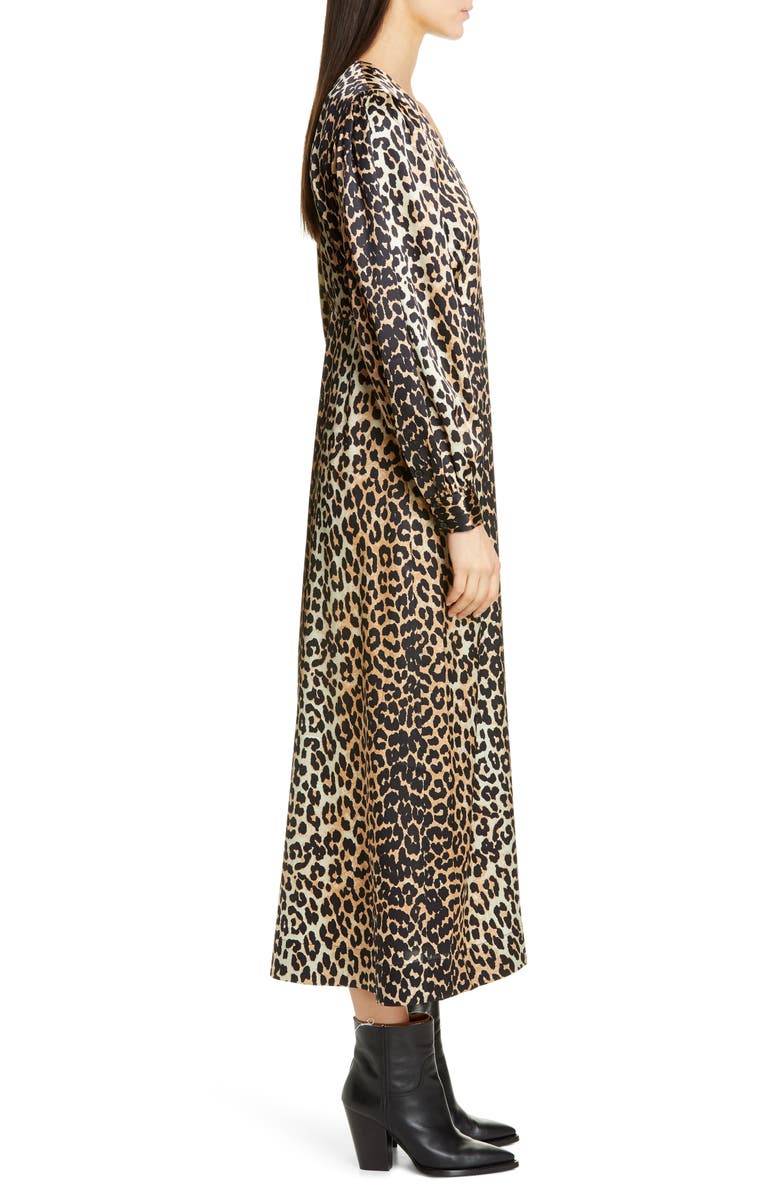 Ganni Leopard Print Long Sleeve Silk Satin Midi Wrap Dress, Alternate, color, 