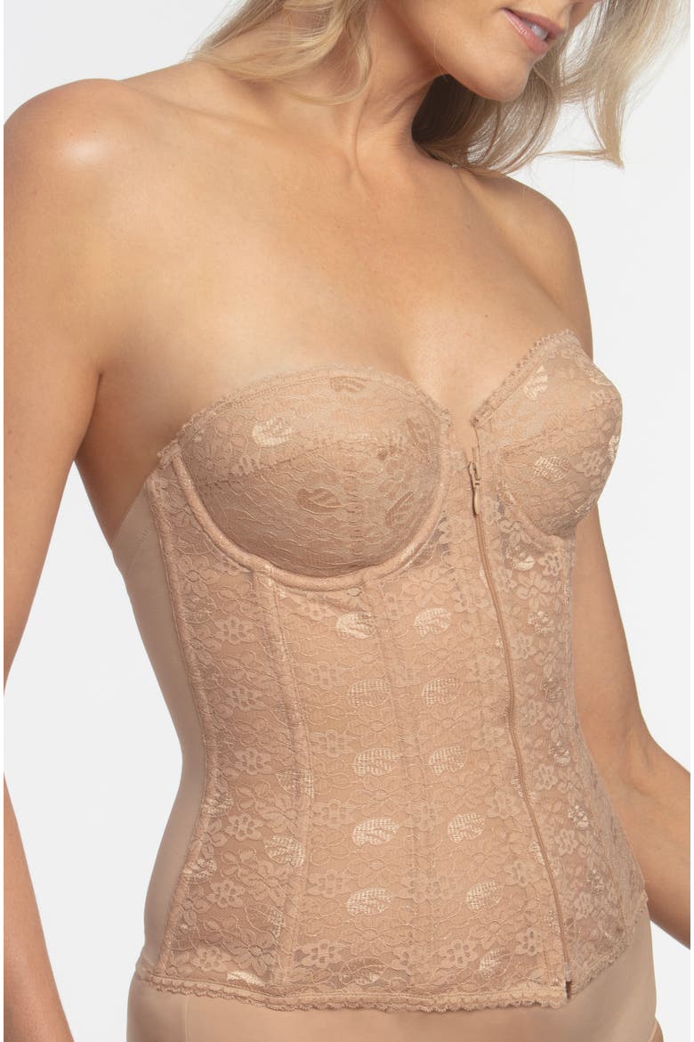 Francesca Lace Strapless Front Closure Longline Bridal Bra, Alternate, color, Mocha