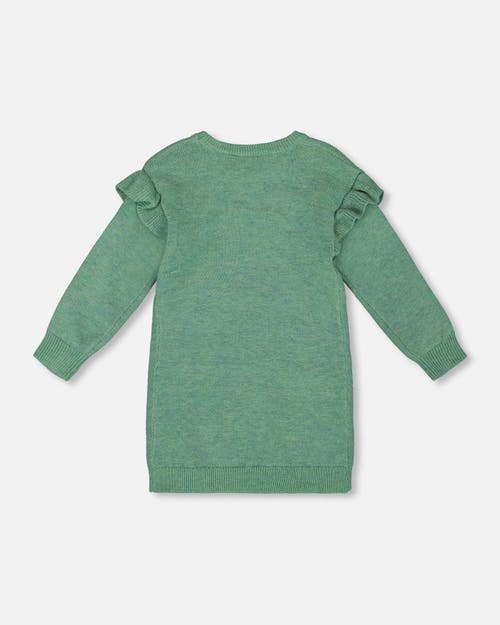 Deux Par Deux Knitted Dress With Ruffles And Floral Embroidery In Green