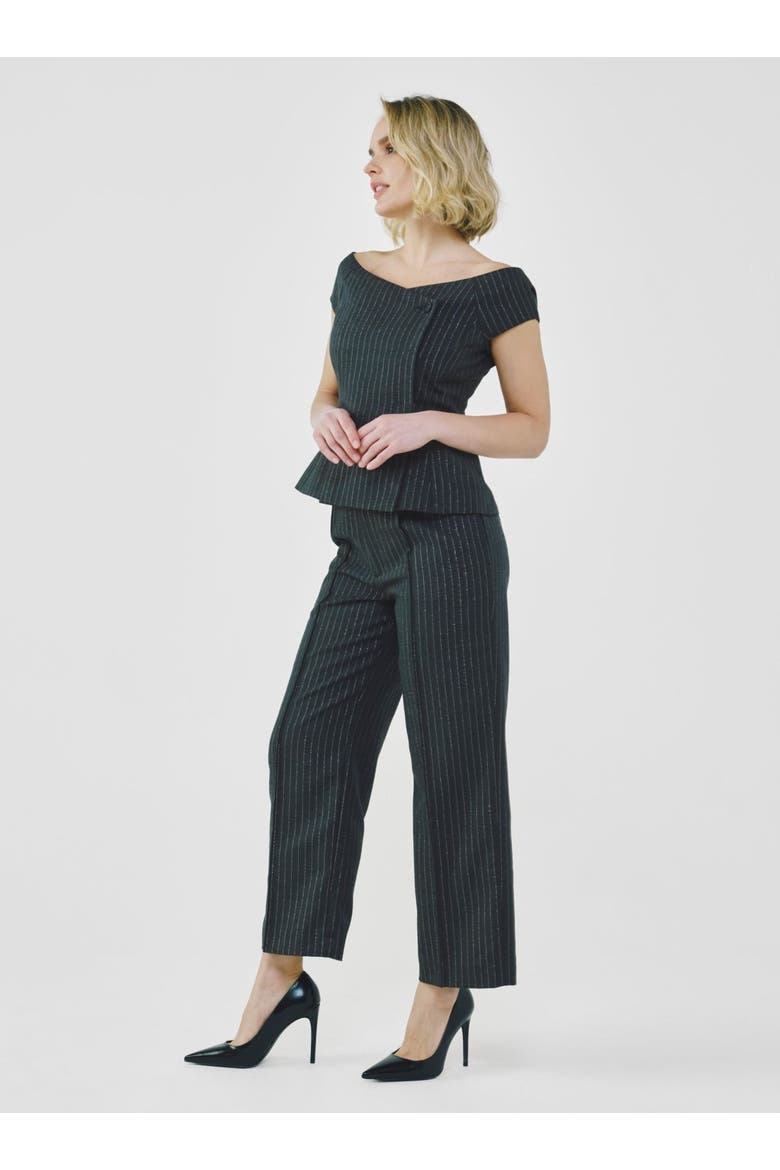 Tailored Pinstripe Bardot Top, Alternate, color, Charcoal Grey