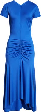 Victoria Beckham Asymmetric Hem Ruched Jersey Midi Dress