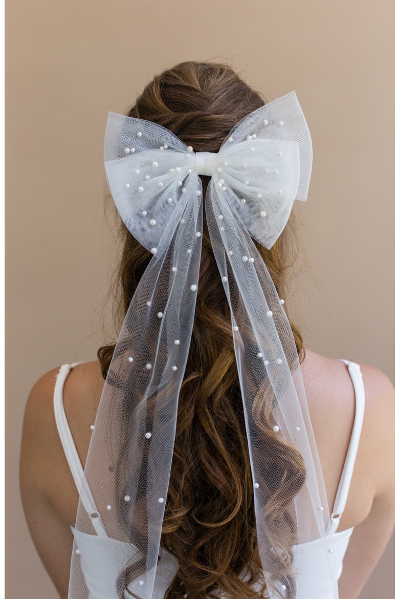 Aluma Faux Pearl Tulle Bow, Alternate, color, IVORY