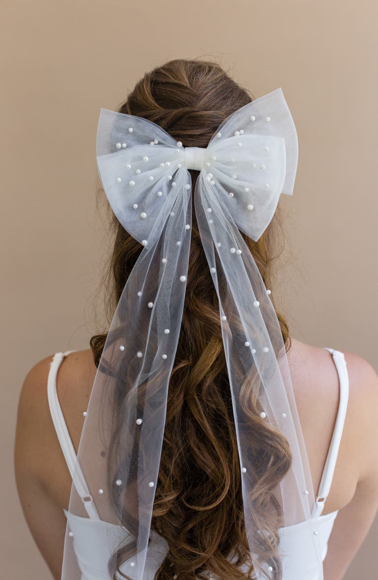 Brides & Hairpins Aluma Faux Pearl Tulle Bow, Alternate, color, Ivory