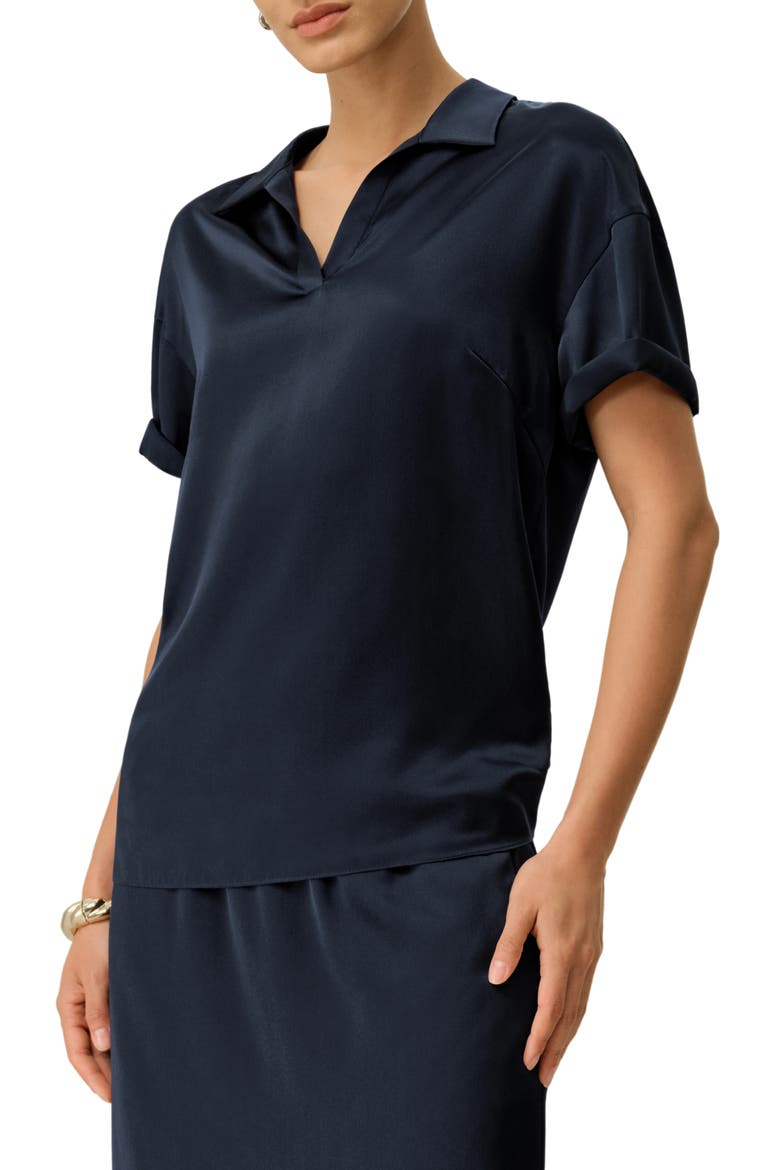 Women's Washable Silk Charmeuse Polo Top, Main, color, Midnight Blue