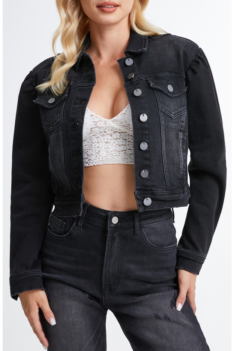 Puff Shoulder Crop Denim Jacket, Main, color, BLACK BAR