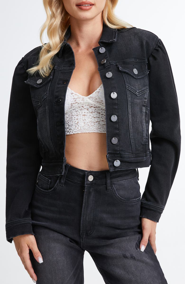 Bayeas Puff Shoulder Crop Denim Jacket, Main, color, Black Bar