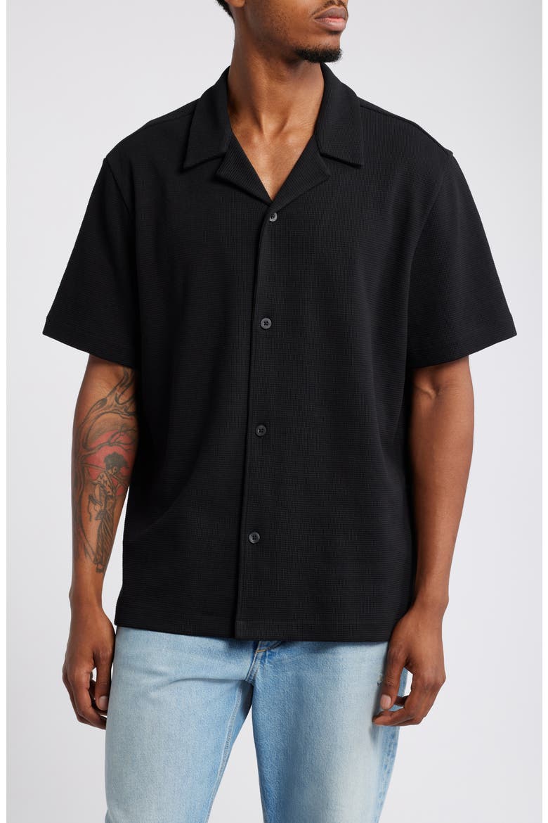 Waffle Knit Camp Shirt, Main, color, BLACK