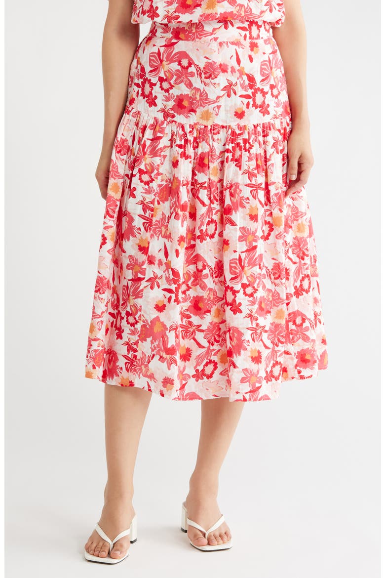 Cotton Gauze Tiered Midi Skirt, Main, color, IVORY- RED G PALM FLORAL