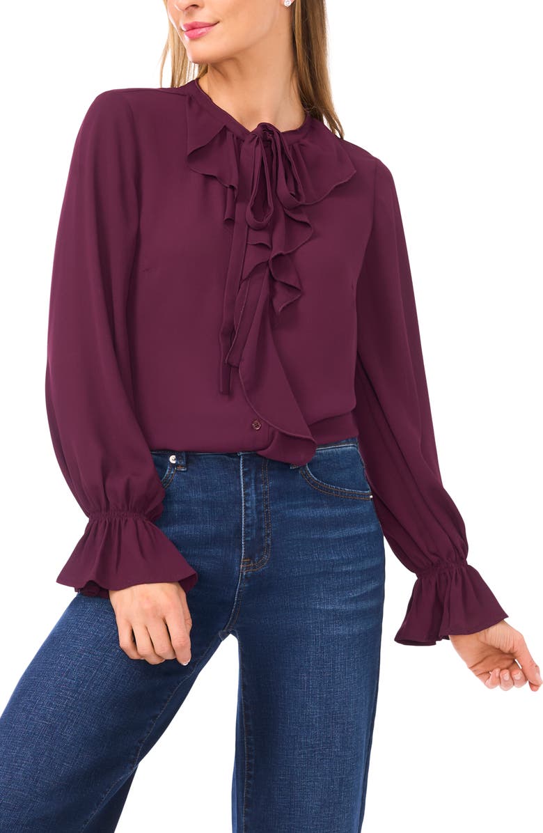 CeCe Ruffle Neck Button-Up Georgette Shirt, Main, color, Potent Purple