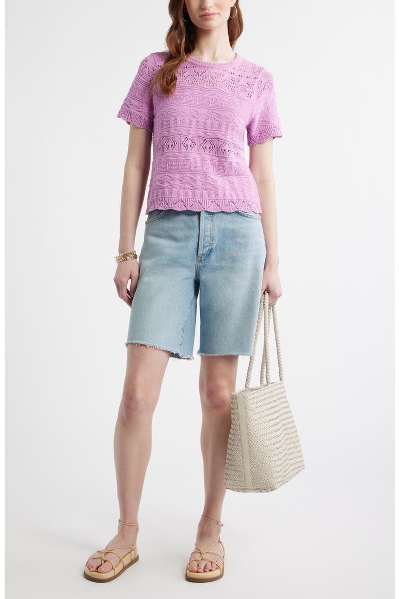 Pointelle Cotton Crewneck Sweater, Alternate, color, PINK GALE