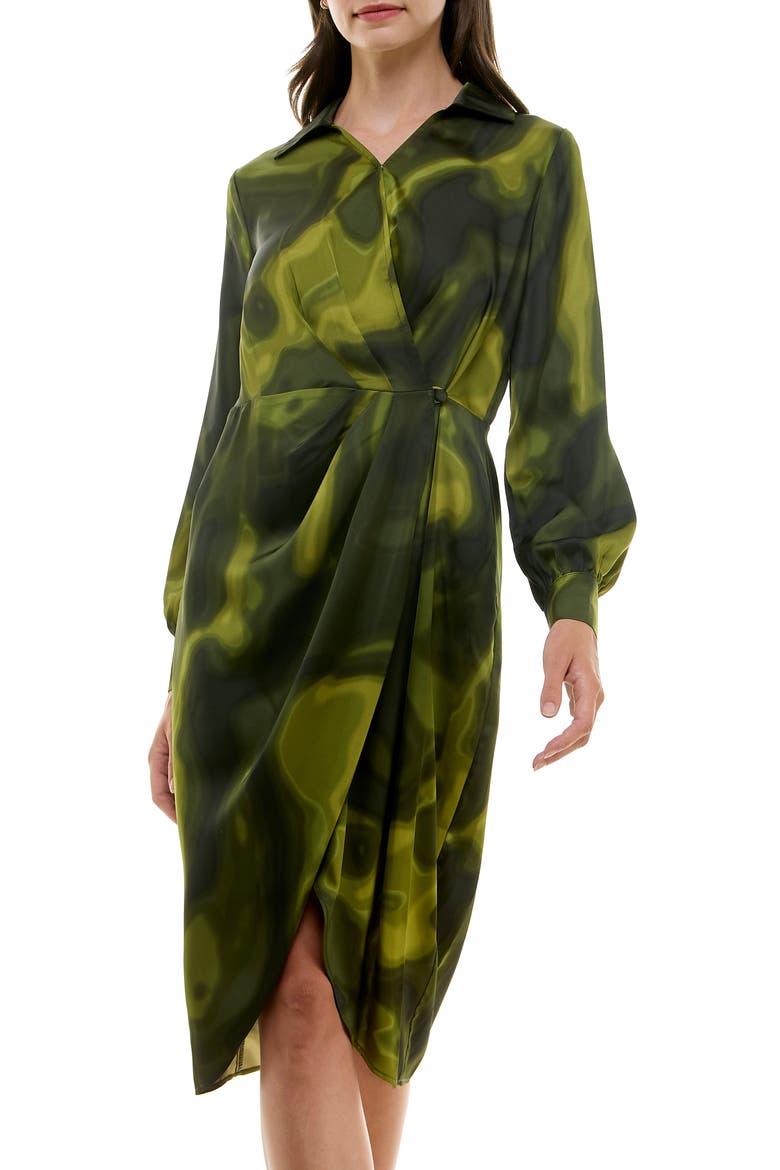Surplice Long Sleeve Midi Dress, Main, color, GREEN PRINT