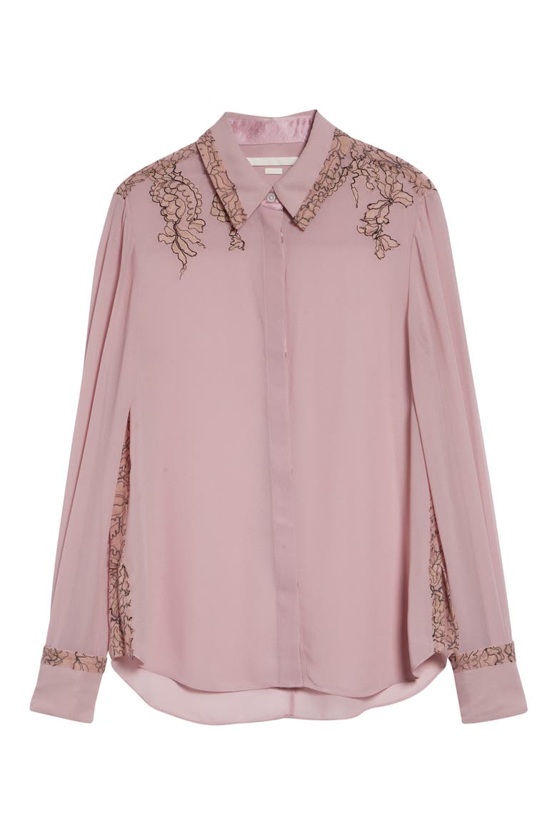 Lace Trim Georgette Button-Up Shirt, Alternate, color, PEONY