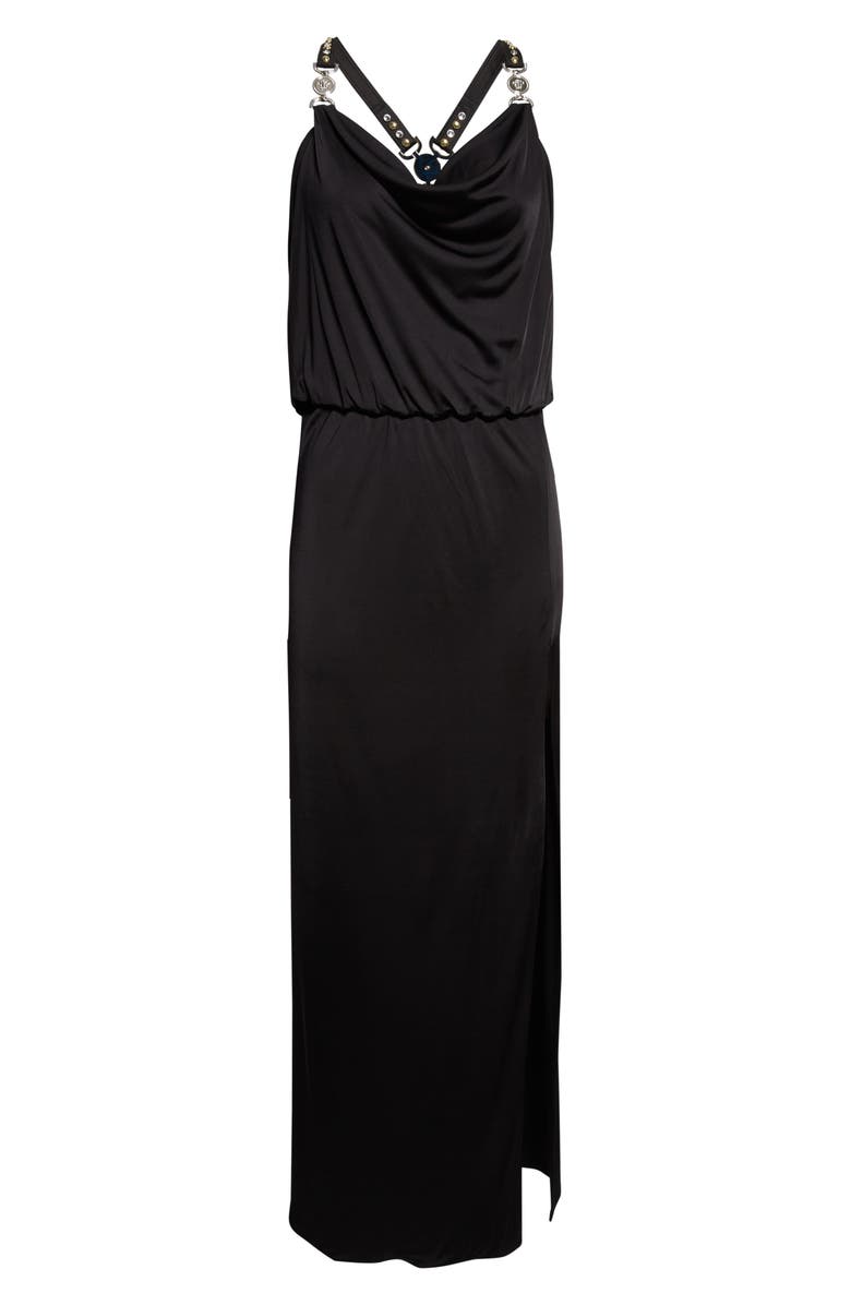 Versace Gathered Liquid Jersey Gown, Alternate, color, Black