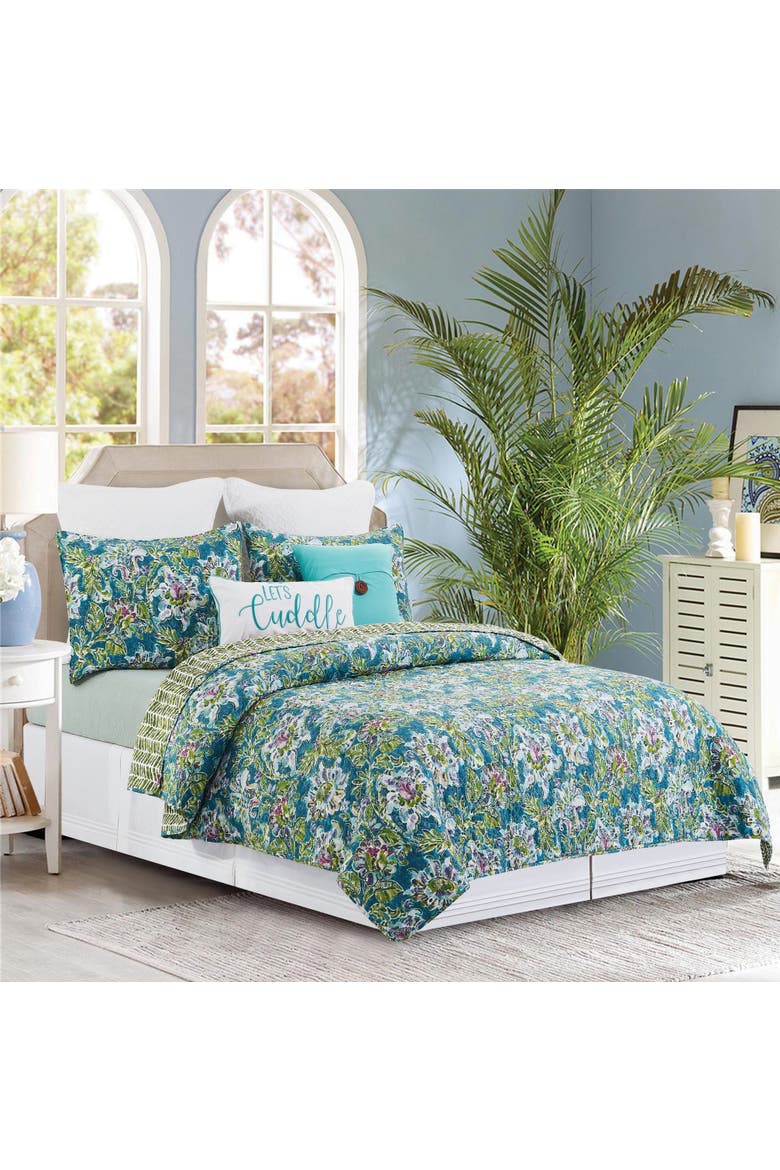 Violet Purple Blue & Green Flora Quilt Set, Alternate, color, Blue