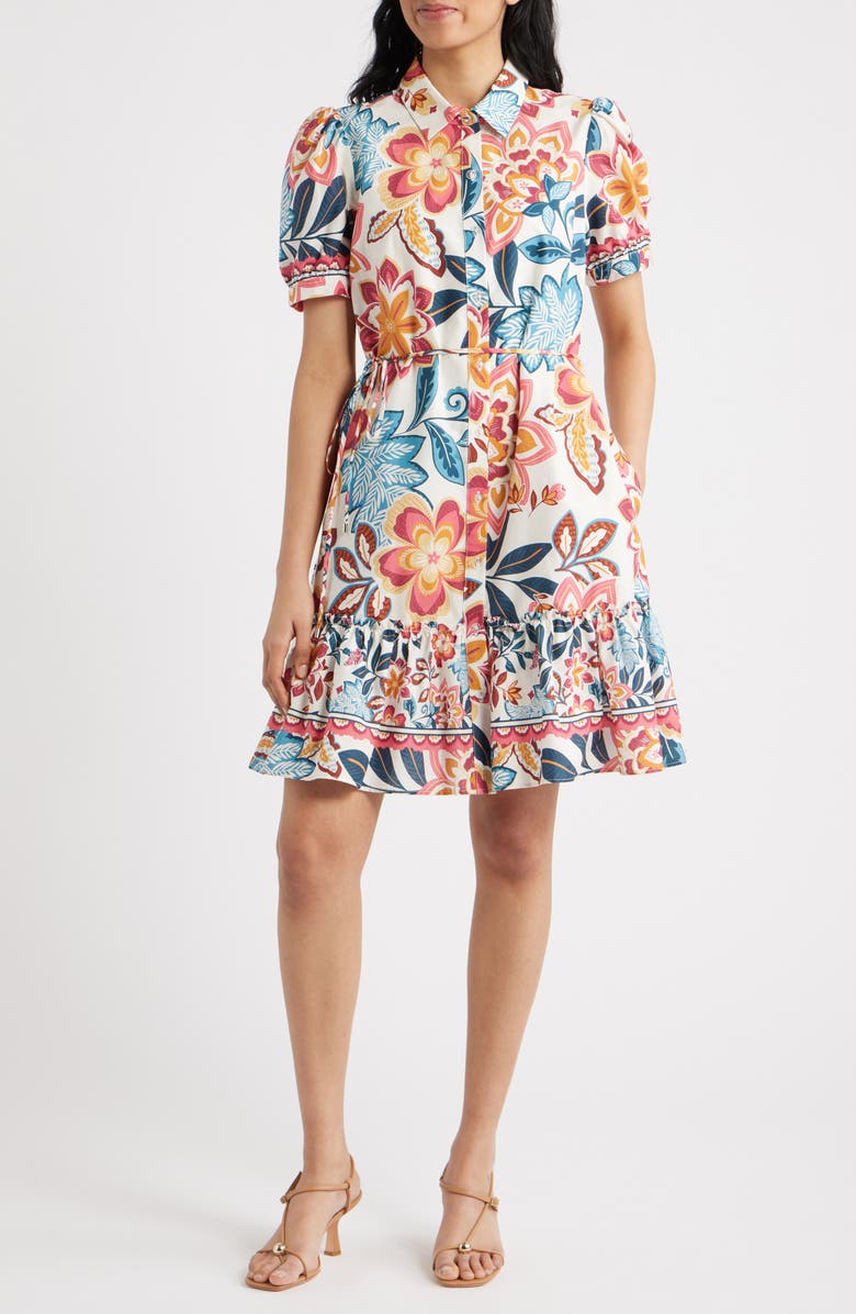 Julia Jordan Print Puff Sleeve Ruffle Hem Shirtdress, Main, color, Ivory Multi