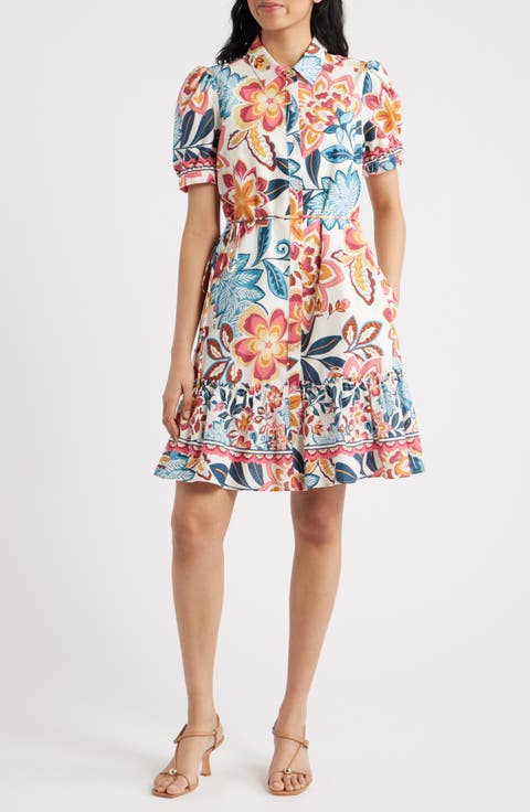 Print Puff Sleeve Ruffle Hem Shirtdress