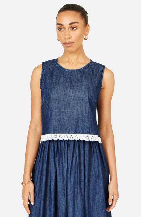 Cotton Chambray Lace Trim Top