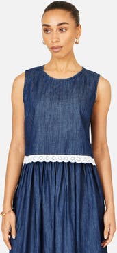 Yumi Cotton Chambray Lace Trim Top