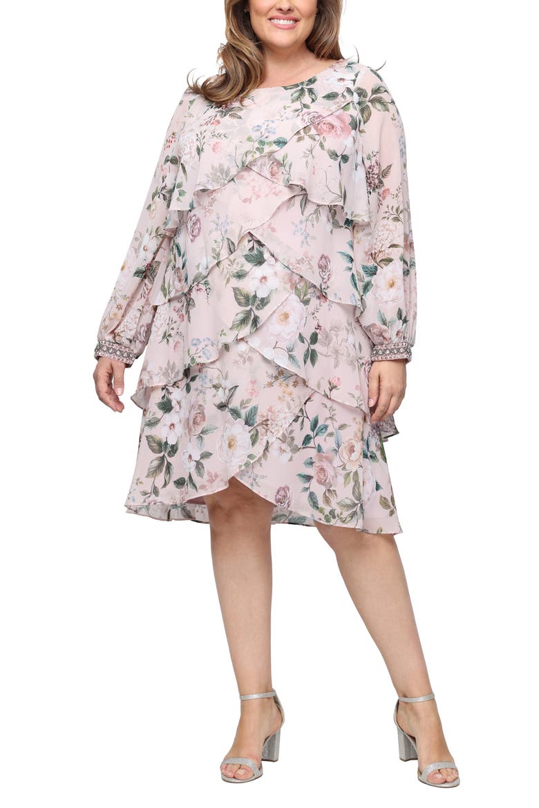 Floral Long Sleeve Tiered Cocktail Dress, Main, color, BLUSH MULTI