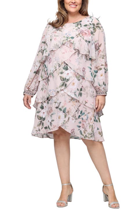 Floral Long Sleeve Tiered Cocktail Dress (Plus)