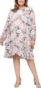 SL FASHIONS Floral Long Sleeve Tiered Cocktail Dress