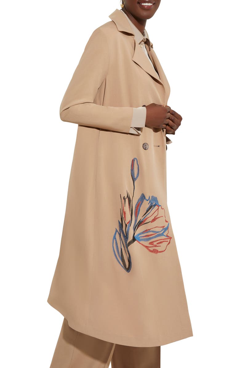 Misook Floral Embroidered Belted Double Breasted Trench Coat, Alternate, color, 