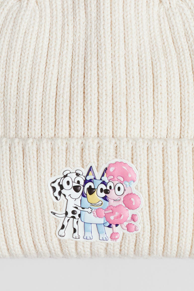 Rib-knit Beanie With Motif, Alternate, color, Light beige/Bluey