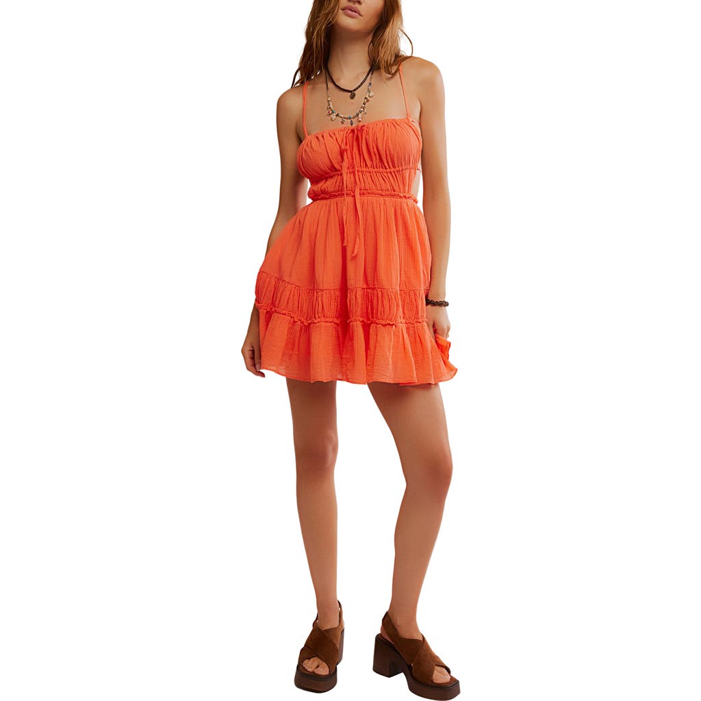 Free People Taking Sides Shirred Tiered Cotton Minidress In Orange