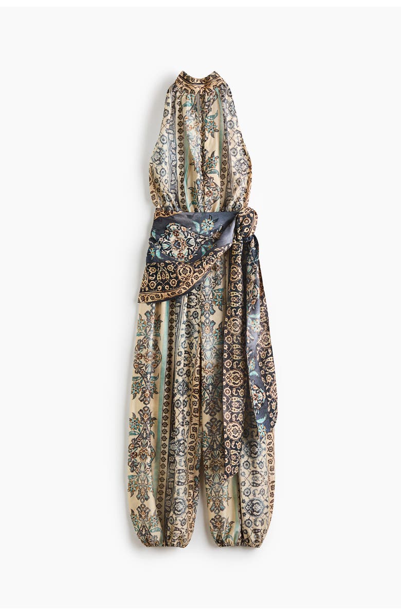 H&M Tie-detail Halterneck Jumpsuit, Alternate, color, Beige/Floral