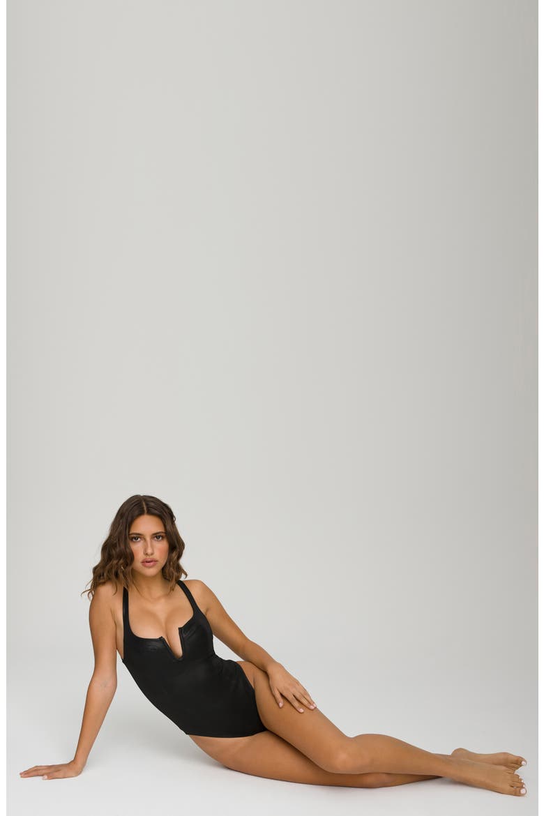U-Neck Corset Faux Leather Bodysuit, Alternate, color, BLACK