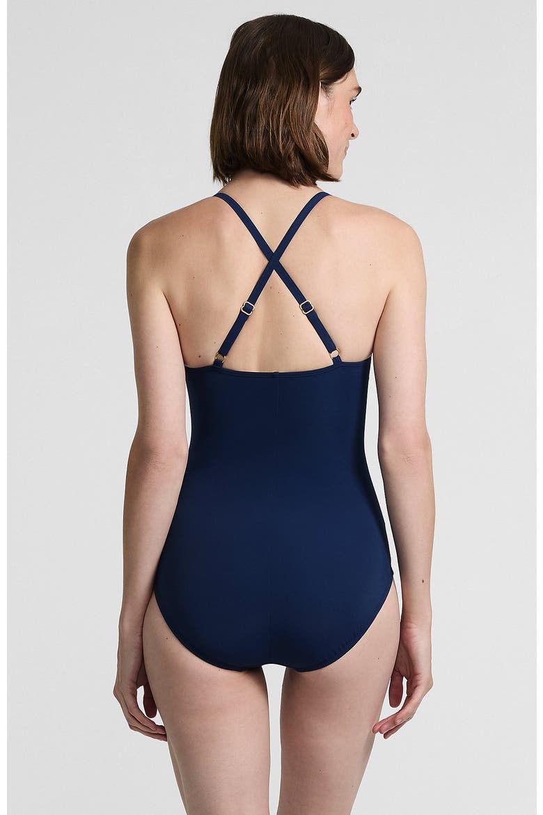 Slender Suit V-neck Pleated X-back One Piece Swimsuit Adjustable Straps, Alternate, color, Deep Sea Navy Mini Stripe