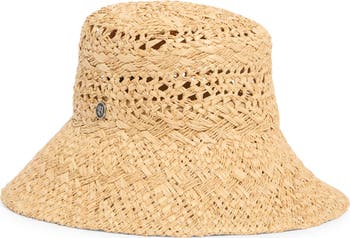 Scala Frayed-Brim Straw Tiki Bucket Hat in Natural Beige Scala Bucket Hat Womens Beige Straw Cotton Drawstring  main image 2