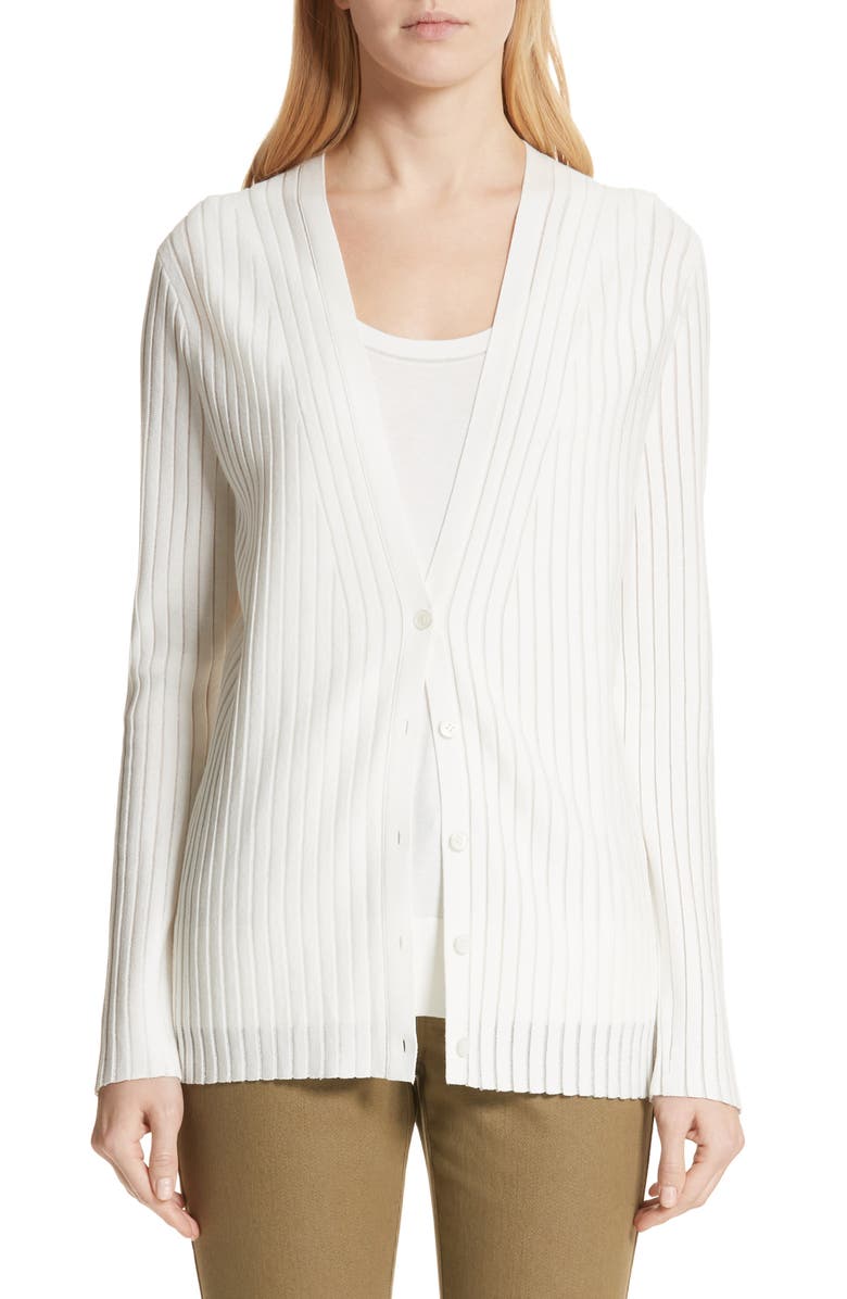 Lafayette 148 New York Matte Crepe Solid & Sheer Cardigan, Main, color,