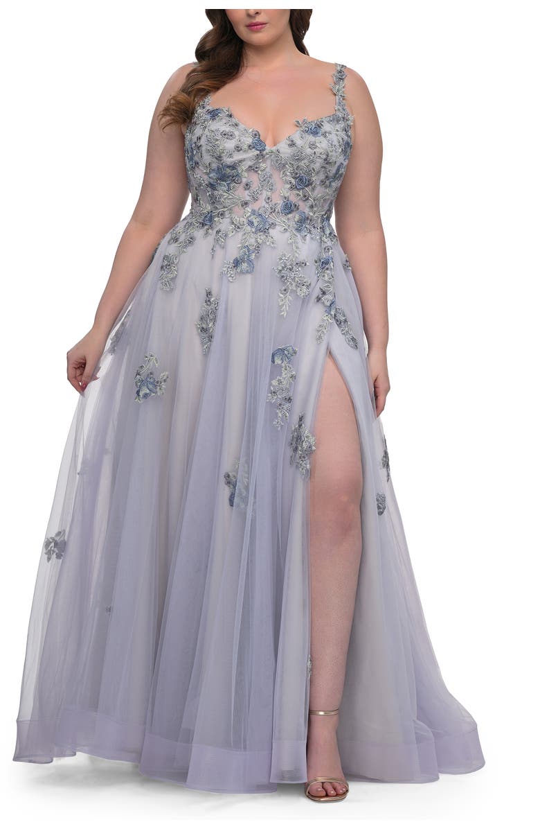 La Femme Lavender A-Line Plus Size Prom Dress with Lace, Main, color, Lavender