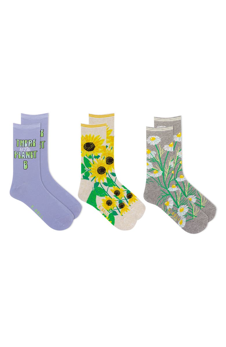 K Bell Socks Assorted 3-Pack Floral Earth Crew Socks, Main, color, 