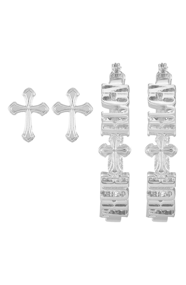 True Religion Cross Studs & Logo Hoop Earrings, Alternate, color, Silvertone/ Blue