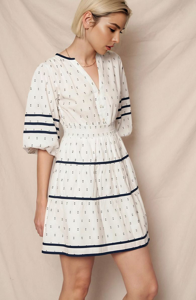 Knit and Lounge Smocked Waist Mini Dress with Flared Sleeves, Alternate, color, Navy Stripe