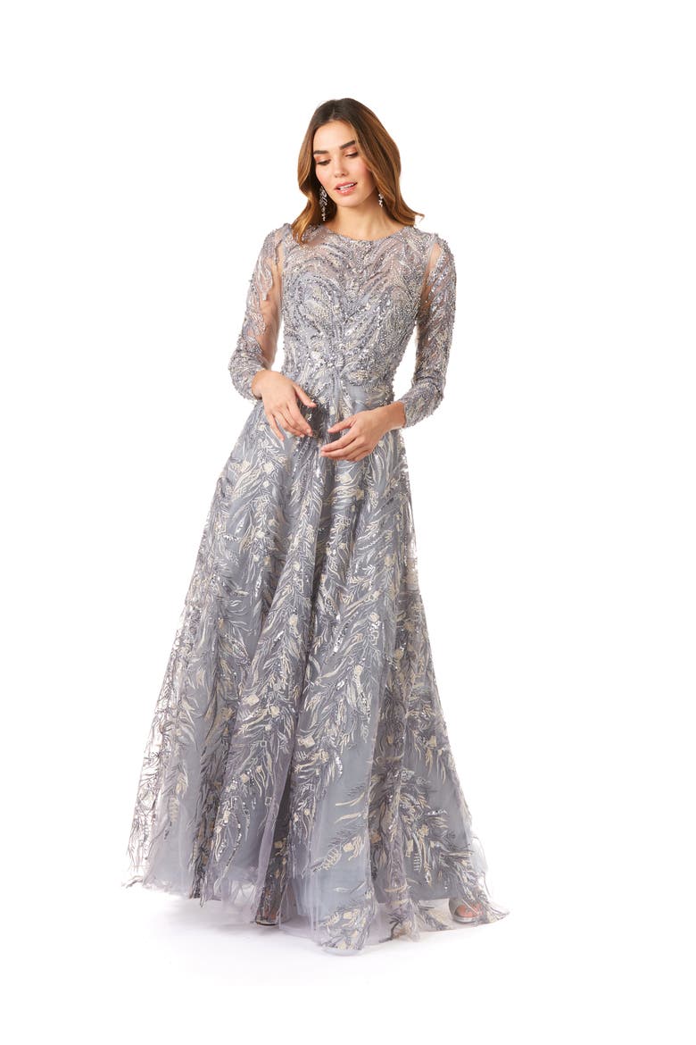 High Neck, Long Sleeve Ball Gown, Main, color, SteelBlue