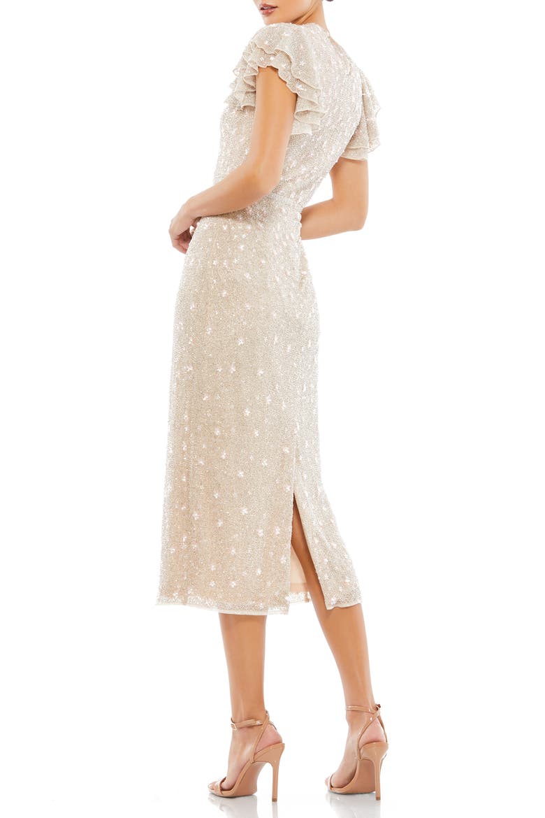 Bugle Bead Ruffle Sleeve Midi Cocktail Dress, Alternate, color, OYSTER