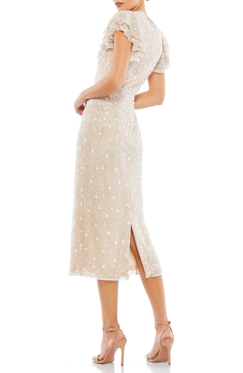 Mac Duggal Bugle Bead Ruffle Sleeve Midi Cocktail Dress, Alternate, color,