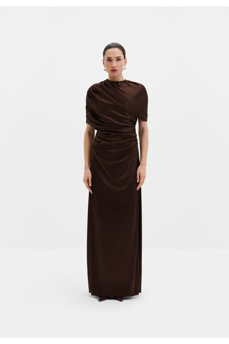 Cassia Draped Fitted Maxi Dress, Main, color, Dark Brown