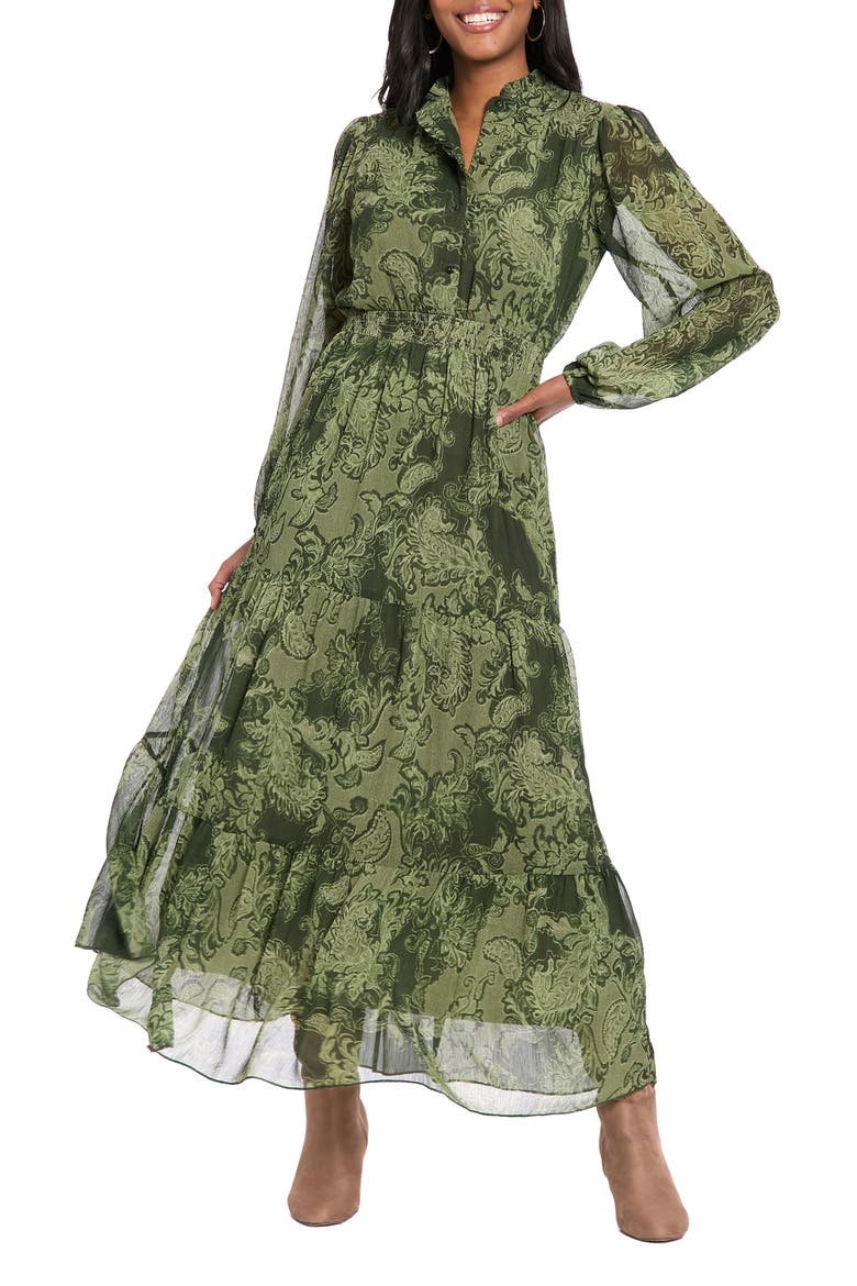 Ruffle Long Sleeve Shirtdress, Main, color, PINE/ OLIVE