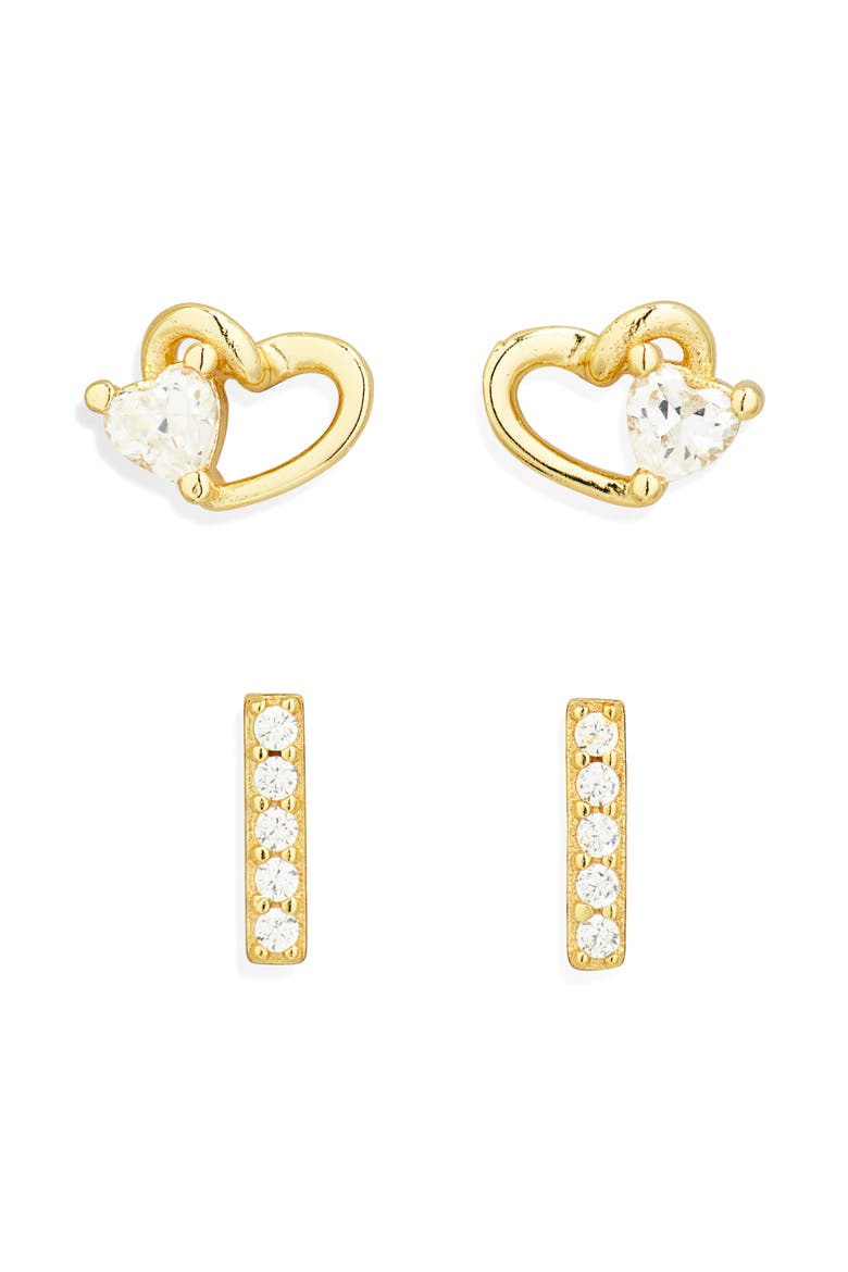 Set of 2 Cubic Zirconia Heart & Line Stud Earrings, Main, color, GOLD