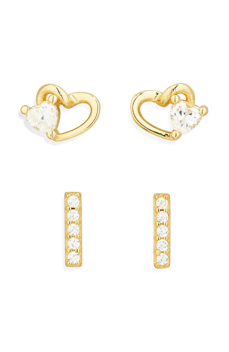 ARGENTO VIVO Set of 2 Cubic Zirconia Heart & Line Stud Earrings, Main, color, Gold